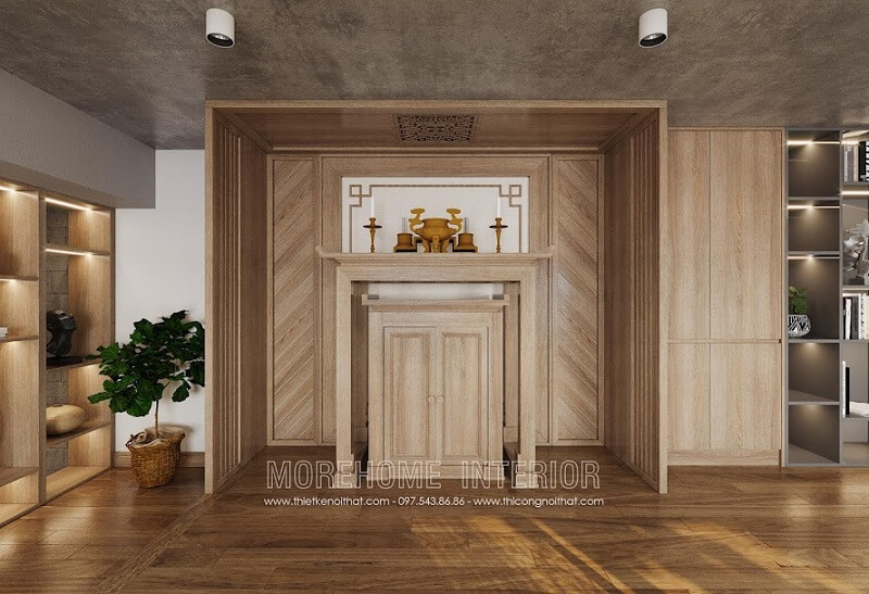 Thiết kế phòng thờ đẹp với mẫu bàn thờ bàn thờ gỗ sồi cao cấp